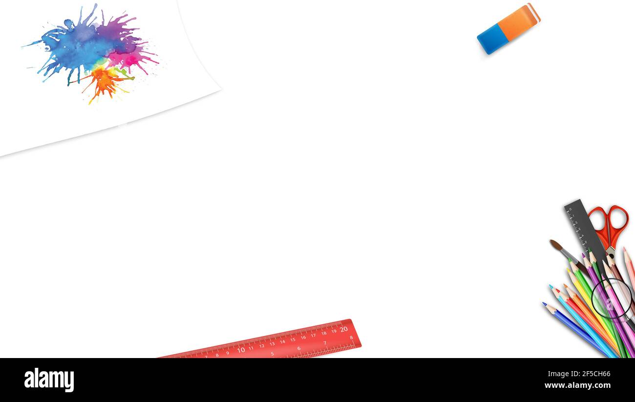 Papel de escritorio superficie blanca con regla crayones goma de borrar pintura colorido escuela inscripción plantilla fondo escritorio sitio web educación aprender trabajo Foto de stock