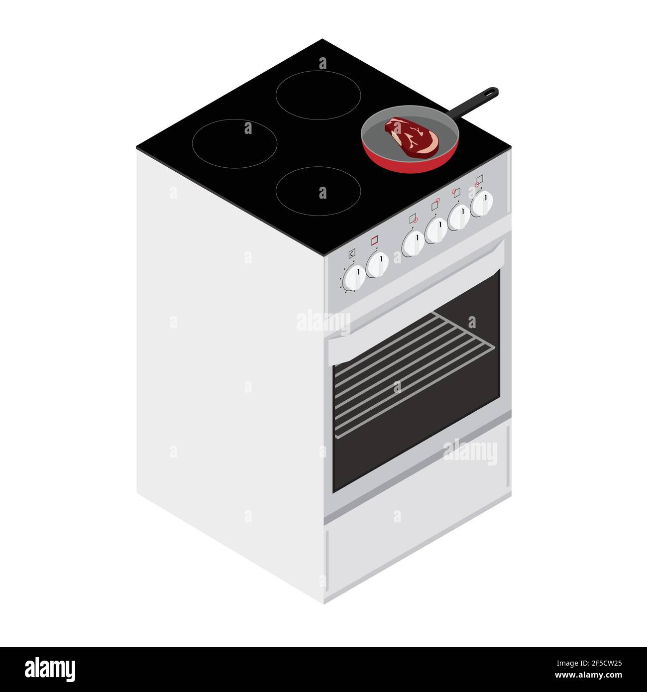 Preparación de alimentos. Filete frito en una sartén en horno eléctrico  cocina vista isométrica. Concepto de cocina Imagen Vector de stock - Alamy