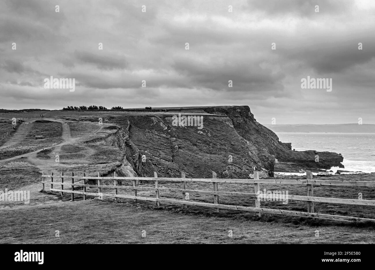 Monocromo el camino de la costa suroeste en el escarpado Efford abajo por encima de Bude en la costa atlántica, Cornwall Foto de stock