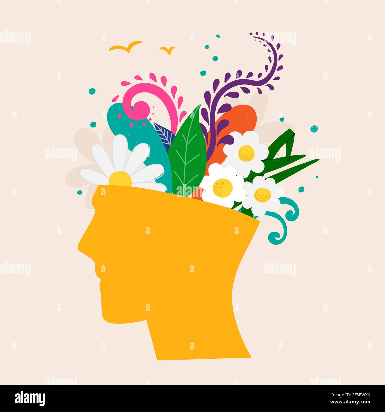 Concepto de salud mental. Imagen abstracta de una cabeza con flores en el interior. Plantas, flores y hojas como símbolo de inspiración, calma, mental favorable Ilustración del Vector