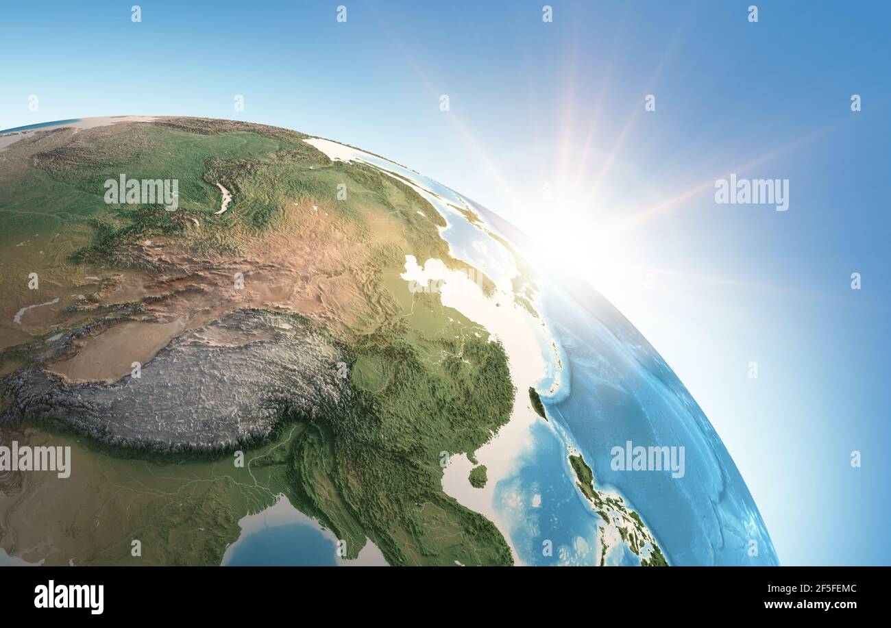 Sol brillando sobre una vista detallada del Planeta Tierra, enfocada en Asia Oriental, China, Himalayas y Tibet - elementos proporcionados por la NASA Foto de stock