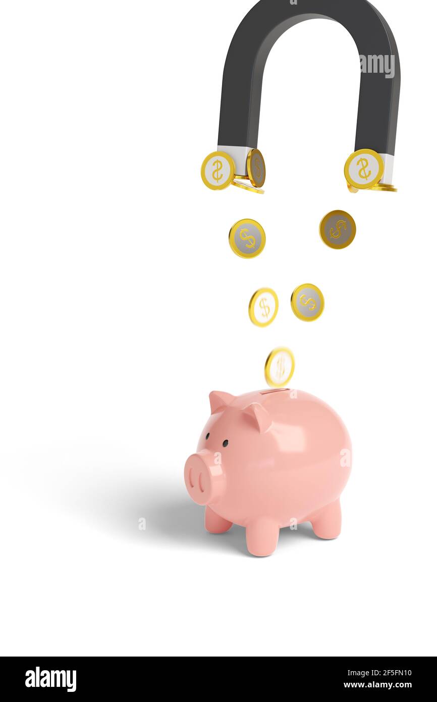 Imán que atrae monedas de un banco piggy aislado sobre fondo blanco. 3d ilustración. Foto de stock
