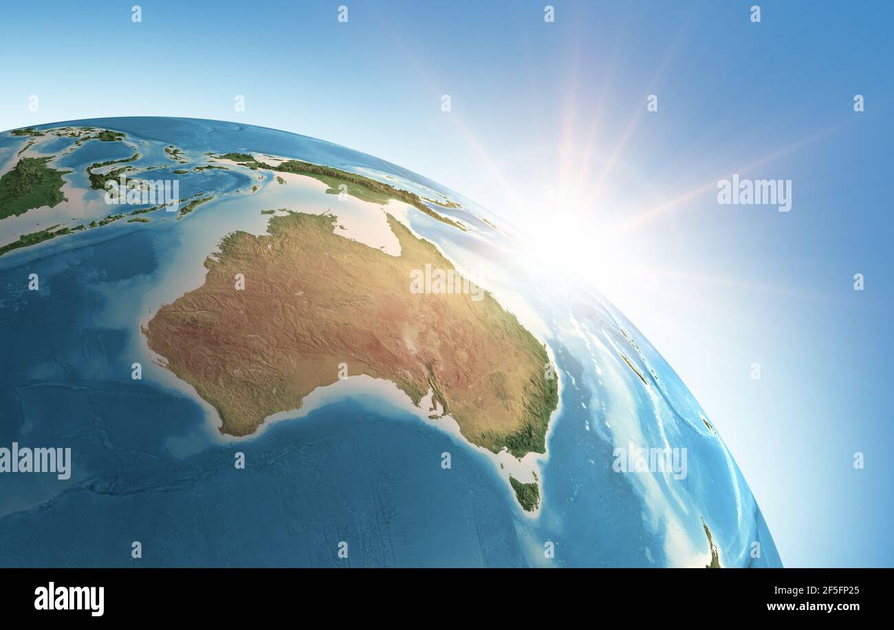Sol brillando sobre una vista alta y detallada del planeta Tierra, centrado en Australia. 3D ilustración - elementos de esta imagen proporcionados por la NASA Foto de stock