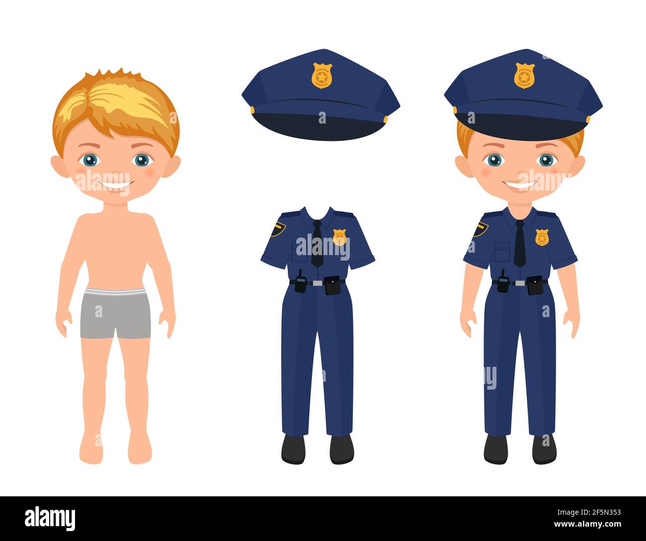 Viste a un chico lindo con uniforme de policía. Papel muñeca carácter  plantilla.Cartoon estilo plano.ilustración vectorial Fotografía de stock -  Alamy