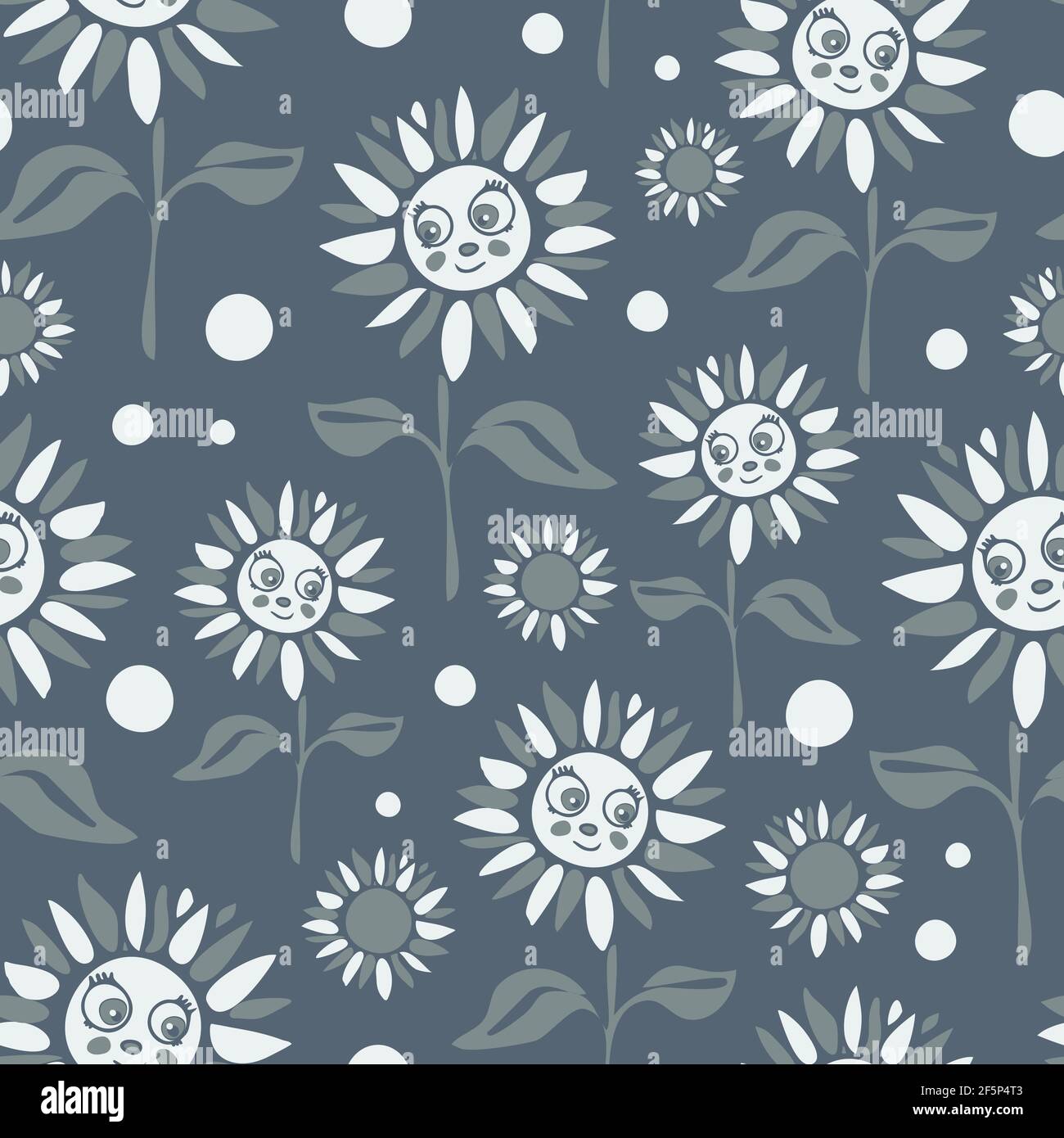 Patrón vectorial sin costuras con flores de dibujos animados sobre fondo azul. Sencillo diseño de papel pintado floral para niños. Feliz textil de moda de verano. Ilustración del Vector