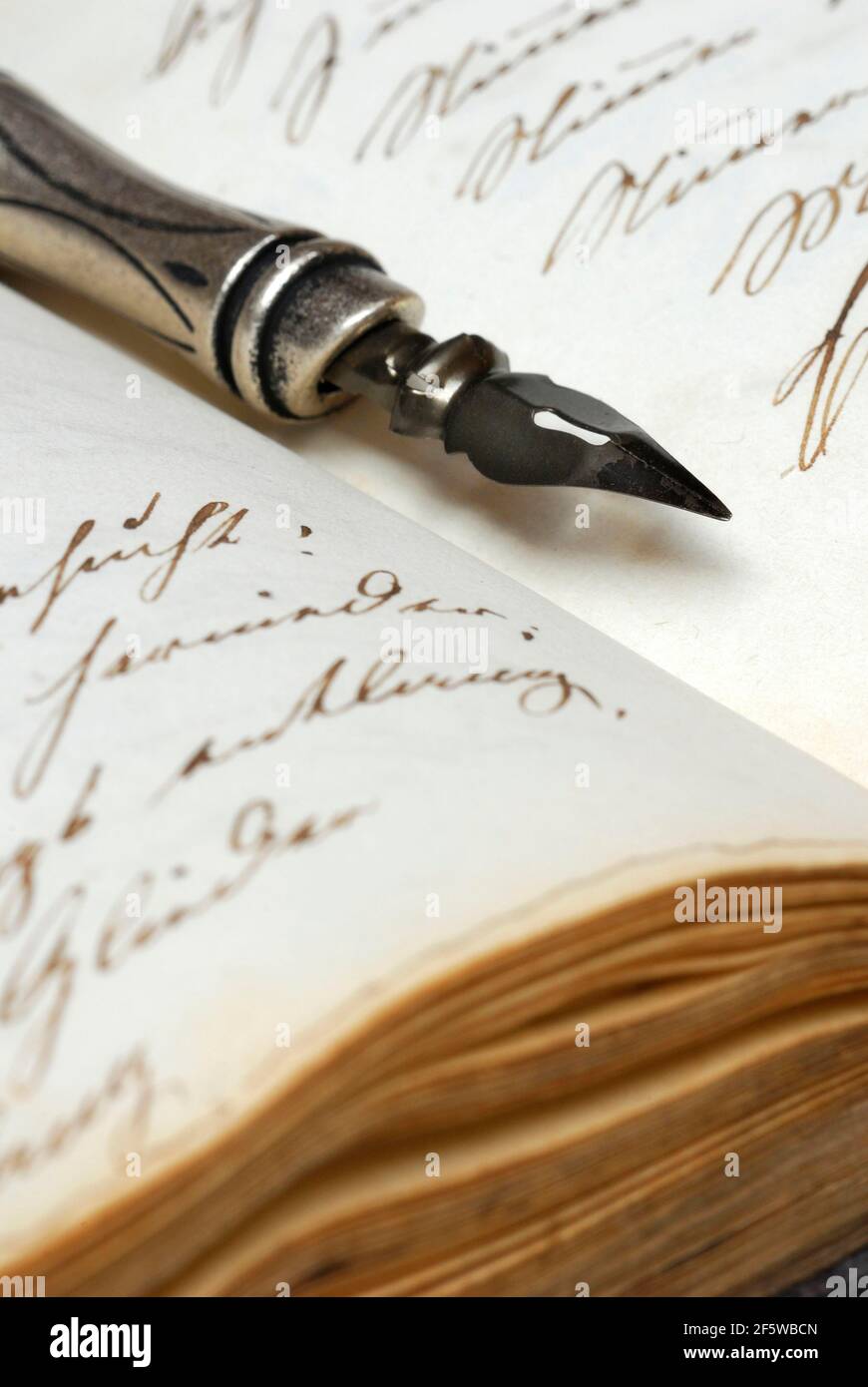 Pluma con la punta en el libro, la escritura vieja, tinta, diario  Fotografía de stock - Alamy
