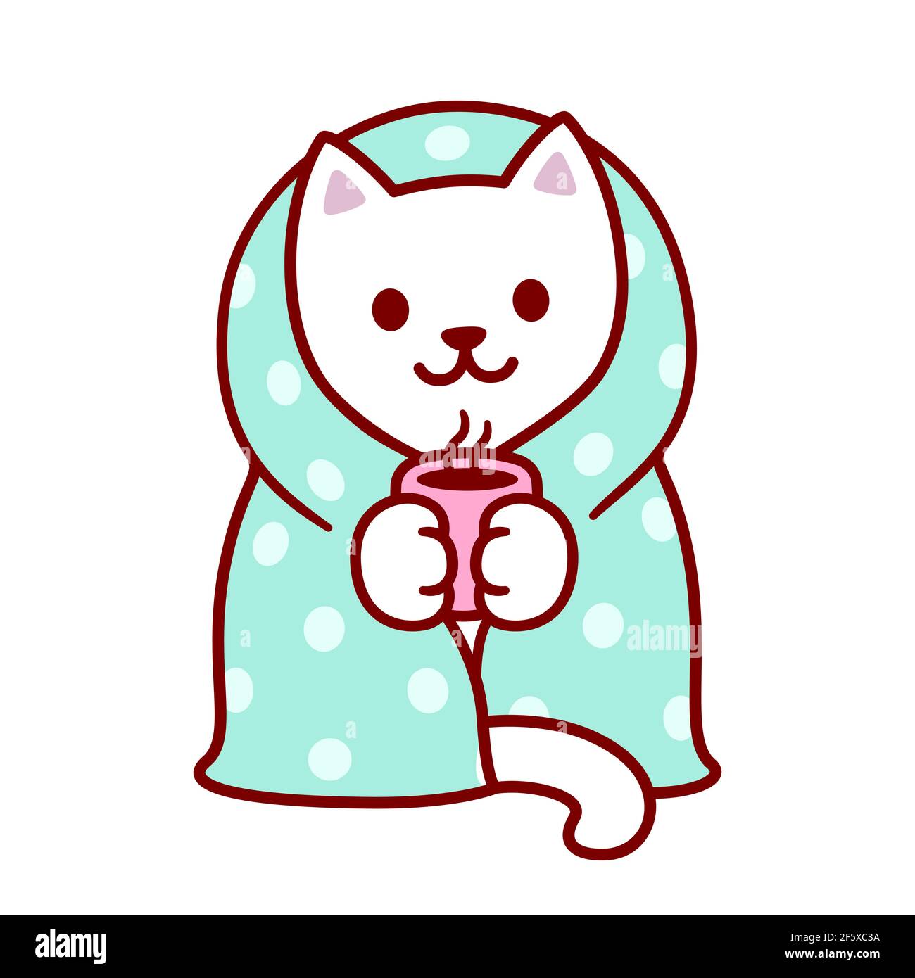 Lindo gato de dibujos animados con manta y taza de té caliente. Kawaii gatito blanco en cálida y acogedora manta. Ilustración de clip vectorial aislado. Ilustración del Vector