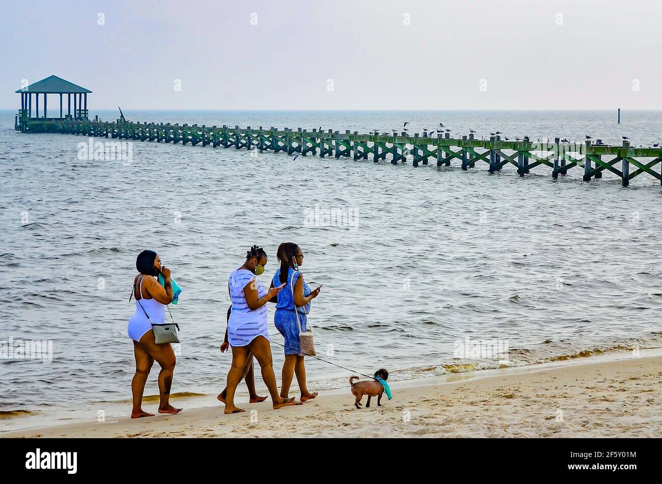 Los turistas afroamericanos caminan con su perro en la playa de Biloxi, 27 de marzo de 2021, en Biloxi, Mississippi. Foto de stock
