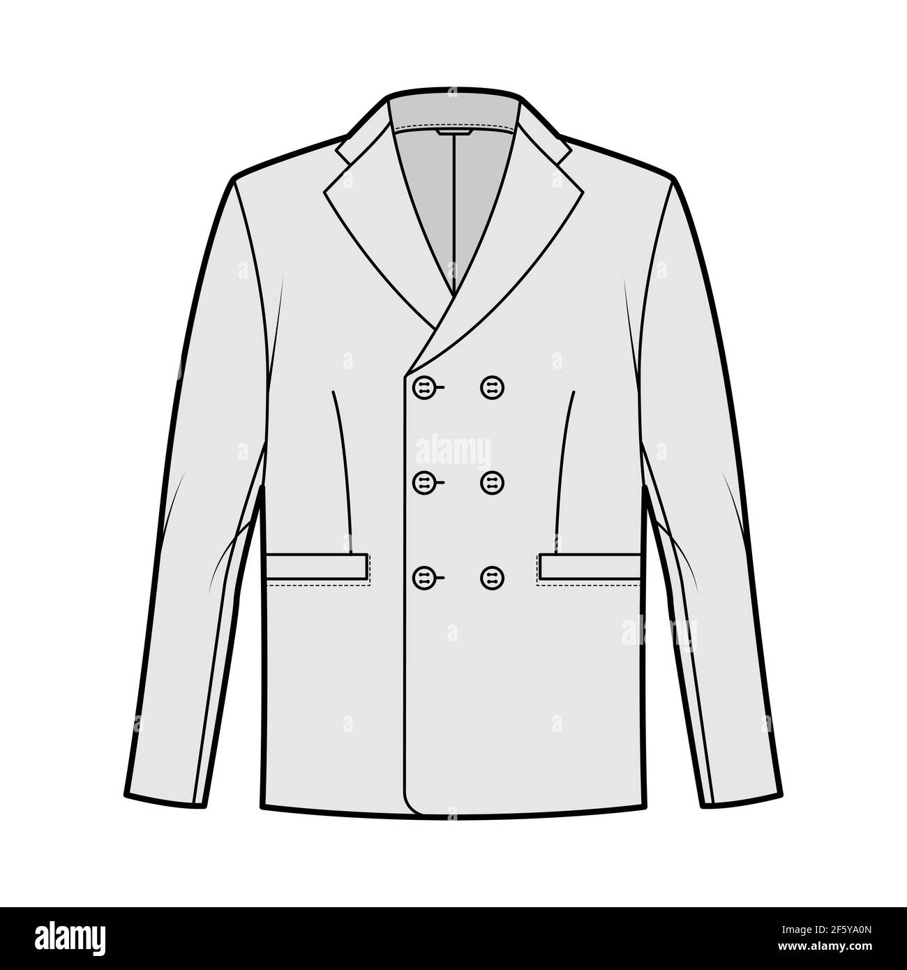 Chaqueta de doble pecho traje ilustración técnica de moda con manga larga,  cuello de solapa con muesca, bolsillos con ribete. Plantilla de abrigo  plano en la parte delantera, estilo de color gris.