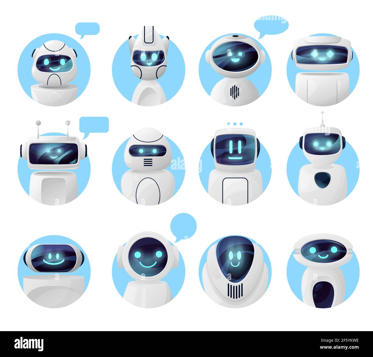 Bots, robots de chat o iconos de chatbot, vector virtual AI de servicio de  apoyo. Iconos de bot chat con burbujas de mensajes y caras sonrientes,  mensajero digital, smar Imagen Vector de