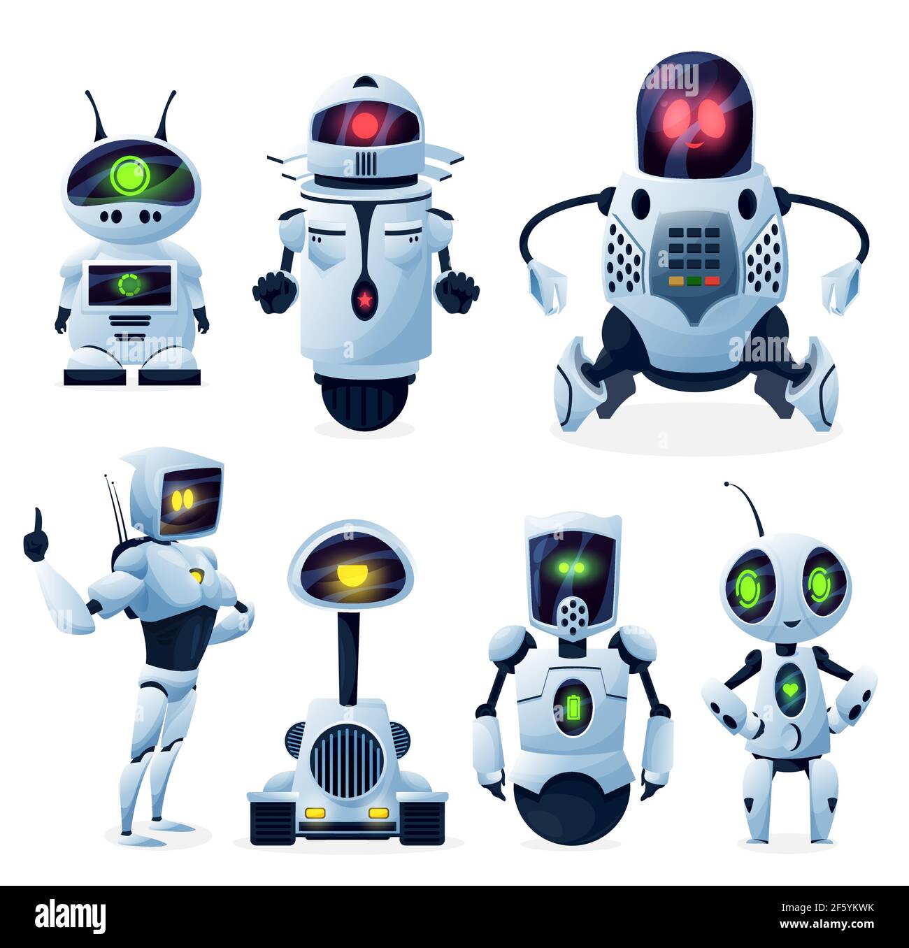 Futuros androides, cyborgs alienígenas o juguetes de robots. Lindos robots  extraterrestres humanoides, con manos y piernas, ruedas y pistas, clenches  y pinzas, glowi Imagen Vector de stock - Alamy