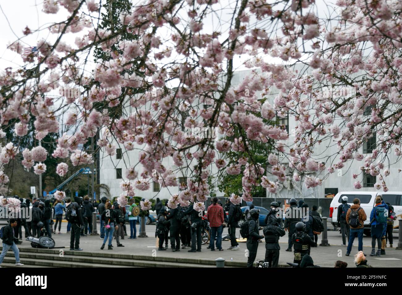 Salem, EE.UU. 28th de marzo de 2021. Más de un centenar de activistas  antifascistas, el bloque Negro y los anarquistas se reunieron el 28 de  marzo de 2021 en Salem, el edificio