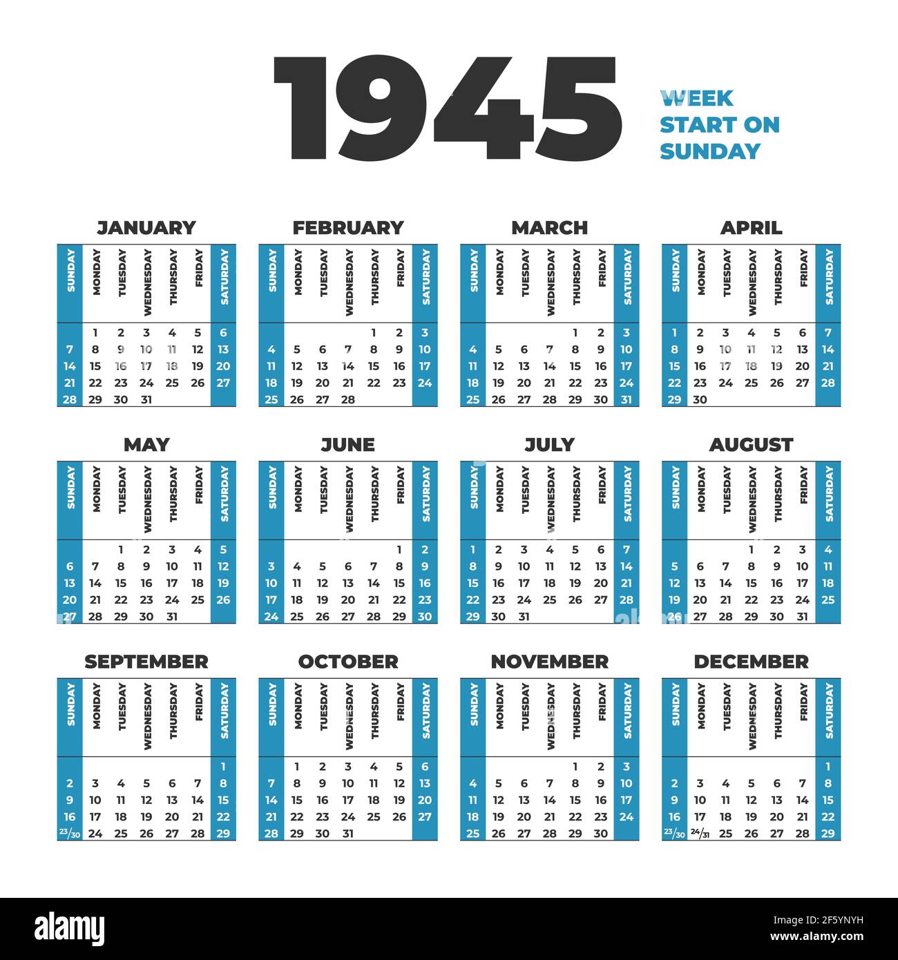 calendario histórico de 1945 años. Las semanas comienzan el domingo Ilustración del Vector