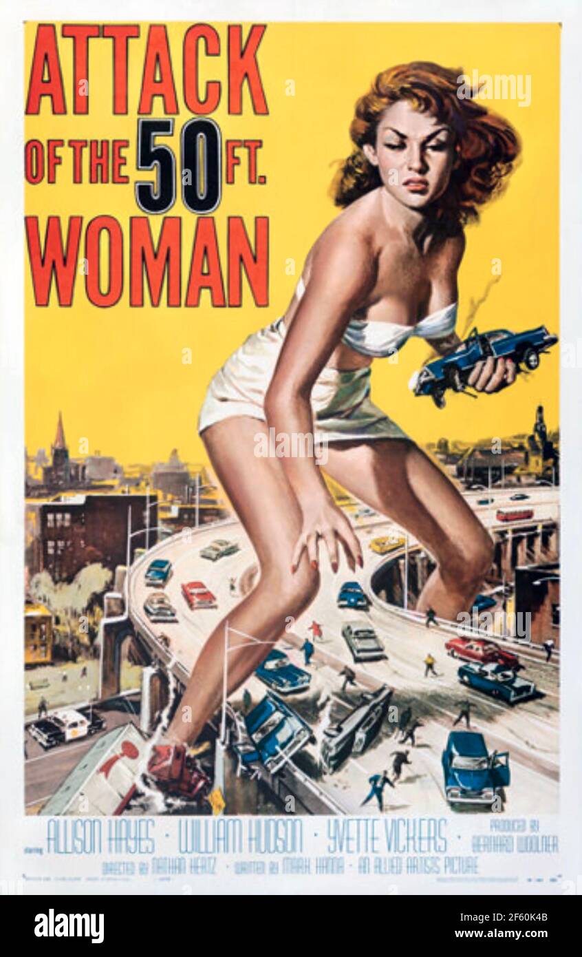 ATAQUE DE LA MUJER de 50 PIES 1958 Artistas Aliados Fotos Película - diseño de póster por Reynold Brown Foto de stock