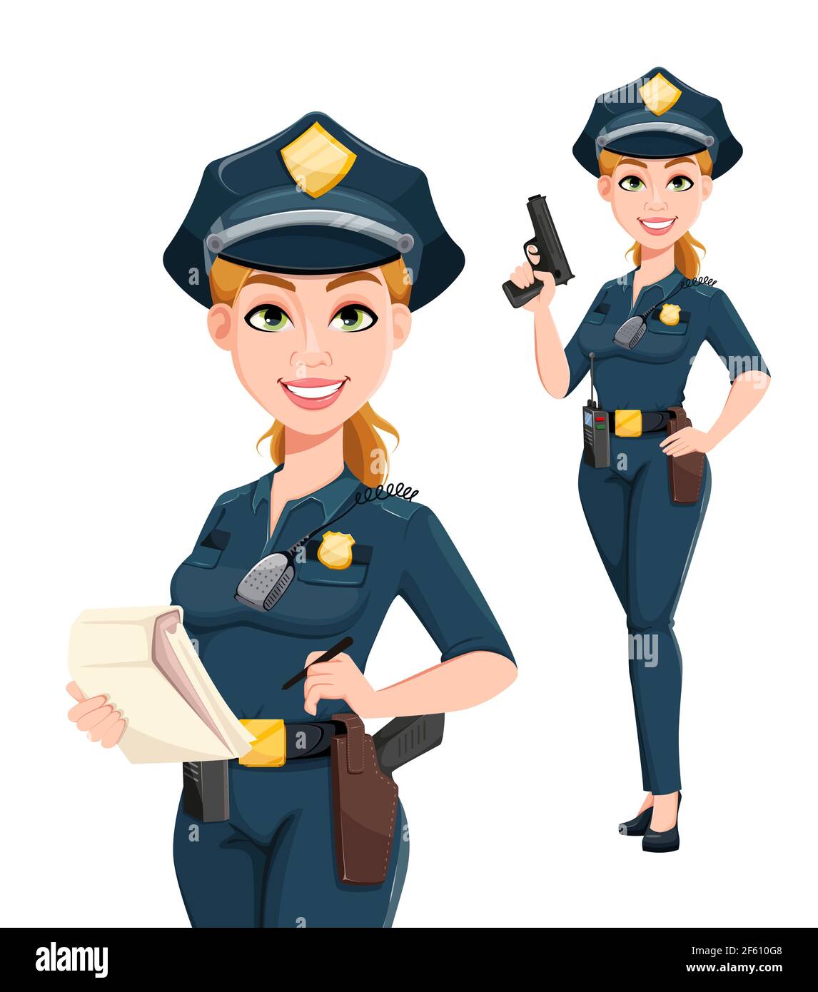 Mujer de policía en uniforme, conjunto de dos poses. Oficial de policía  chica personaje de dibujos animados. Ilustración de vector de acciones  Imagen Vector de stock - Alamy