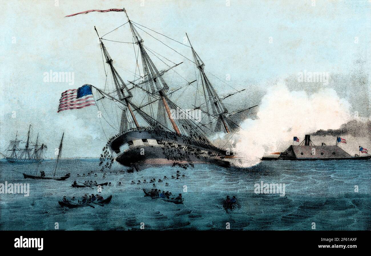 Battle of Hampton Roads, Sinking of USS Cumberland, 1862 Foto de stock