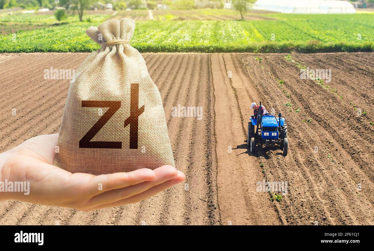 Mano con una bolsa de dinero de zloty en el fondo de un campo agrícola con  un tractor. Arrendamiento de la tierra, mercado de la tierra. Inversiones  en agricultura y agrobusina Fotografía