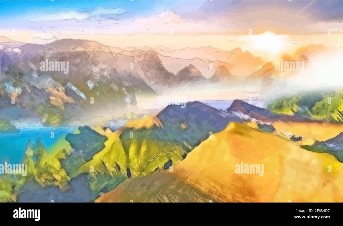paisaje, montañas, lago y puesta de sol, pintado sobre lienzo con acrílico.  Ilustración vectorial Imagen Vector de stock - Alamy