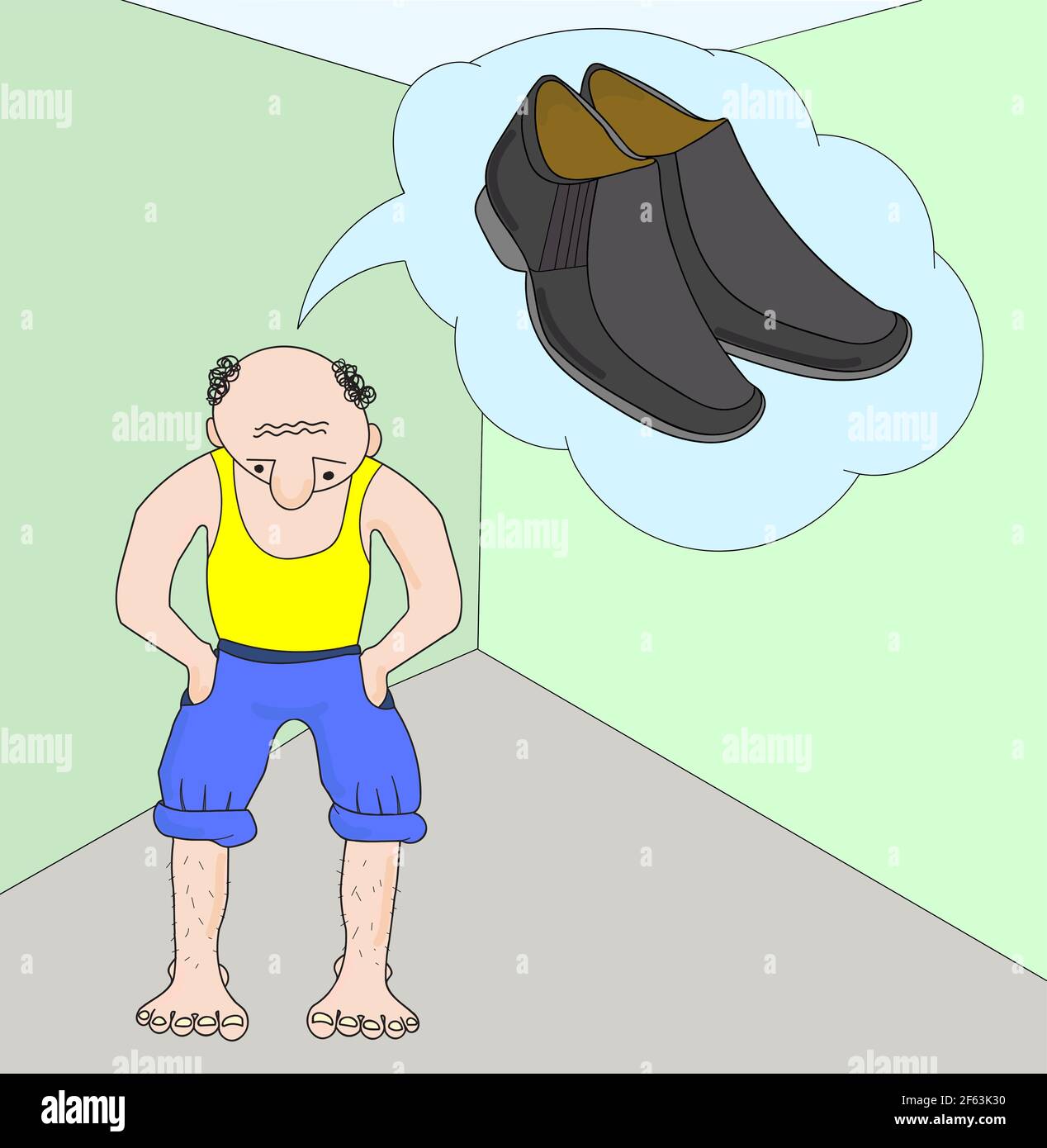 Vector dibujos animados plano hombre concibe, sueños de comprar zapatos.  Hombre descalzo piensa en zapatos Imagen Vector de stock - Alamy