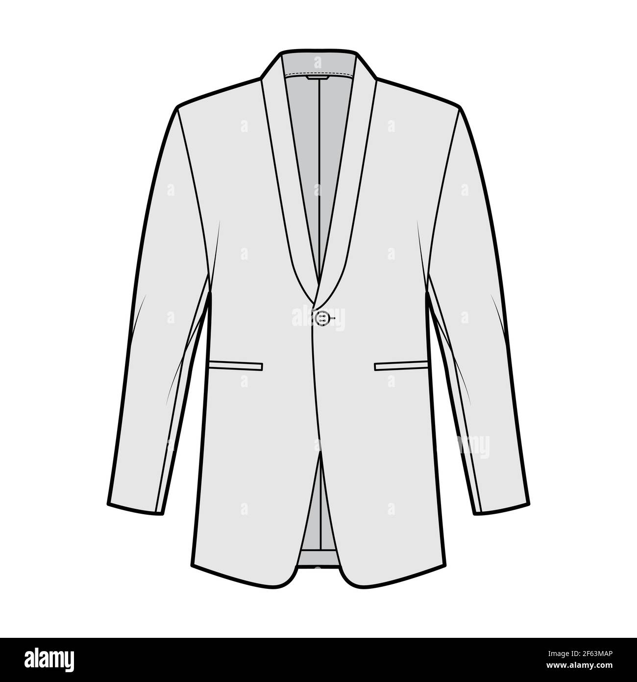 Chaqueta de cena traje de esmoquin ilustración técnica de moda con manga  larga, cuello de solapa de chal, bolsillos con ribete, corte frontal  regular. Plantilla de abrigo plano, estilo de color gris.