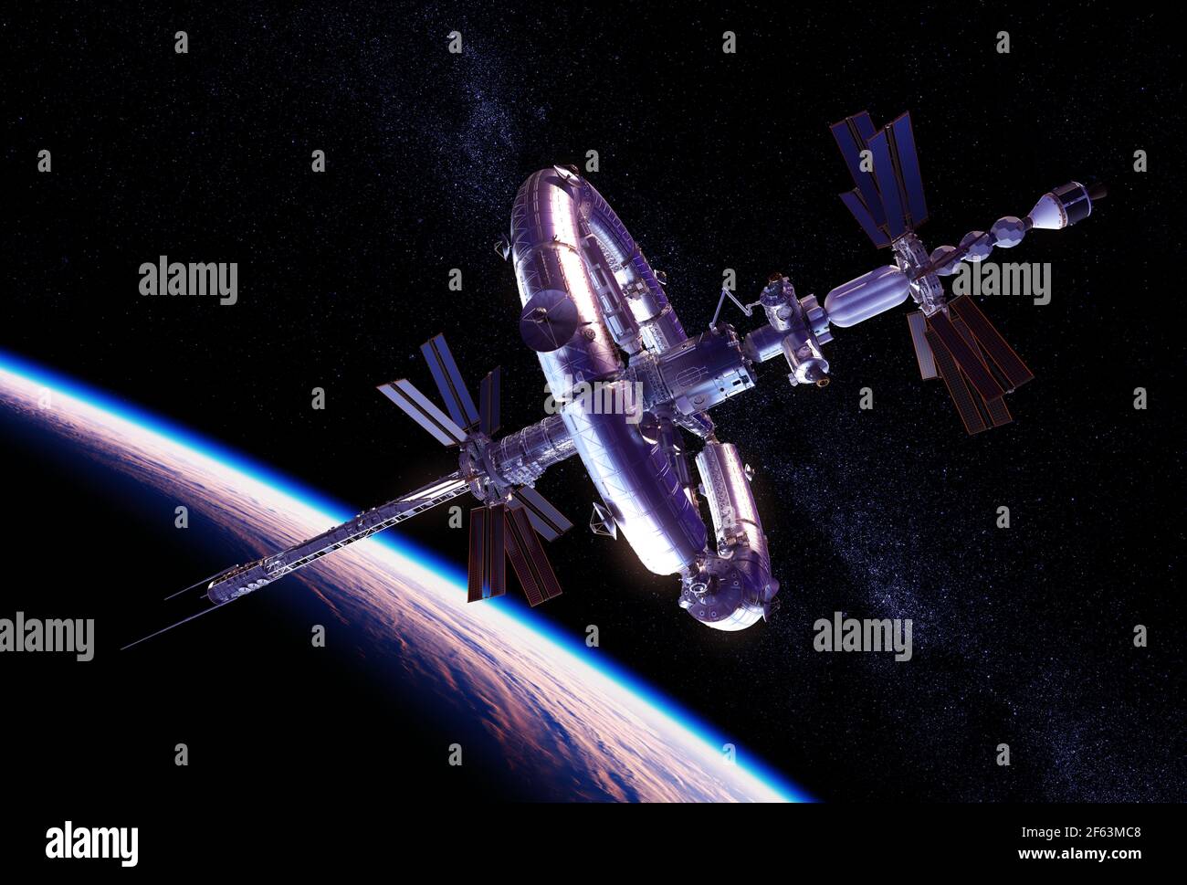 Nueva Estación Espacial Grande en órbita alrededor del planeta Tierra Foto de stock