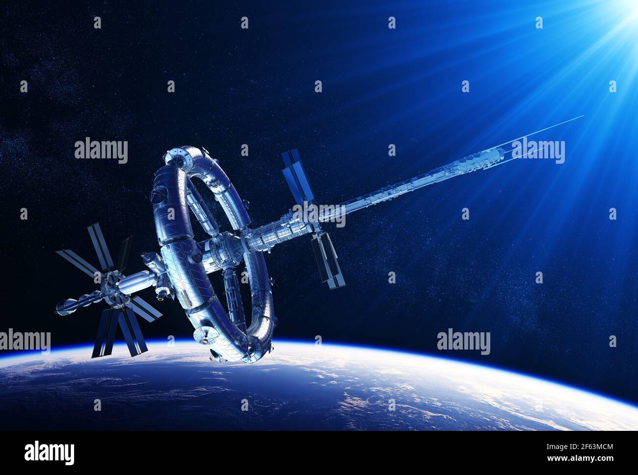Estación Espacial futurista en los rayos de la Luz Azul Foto de stock