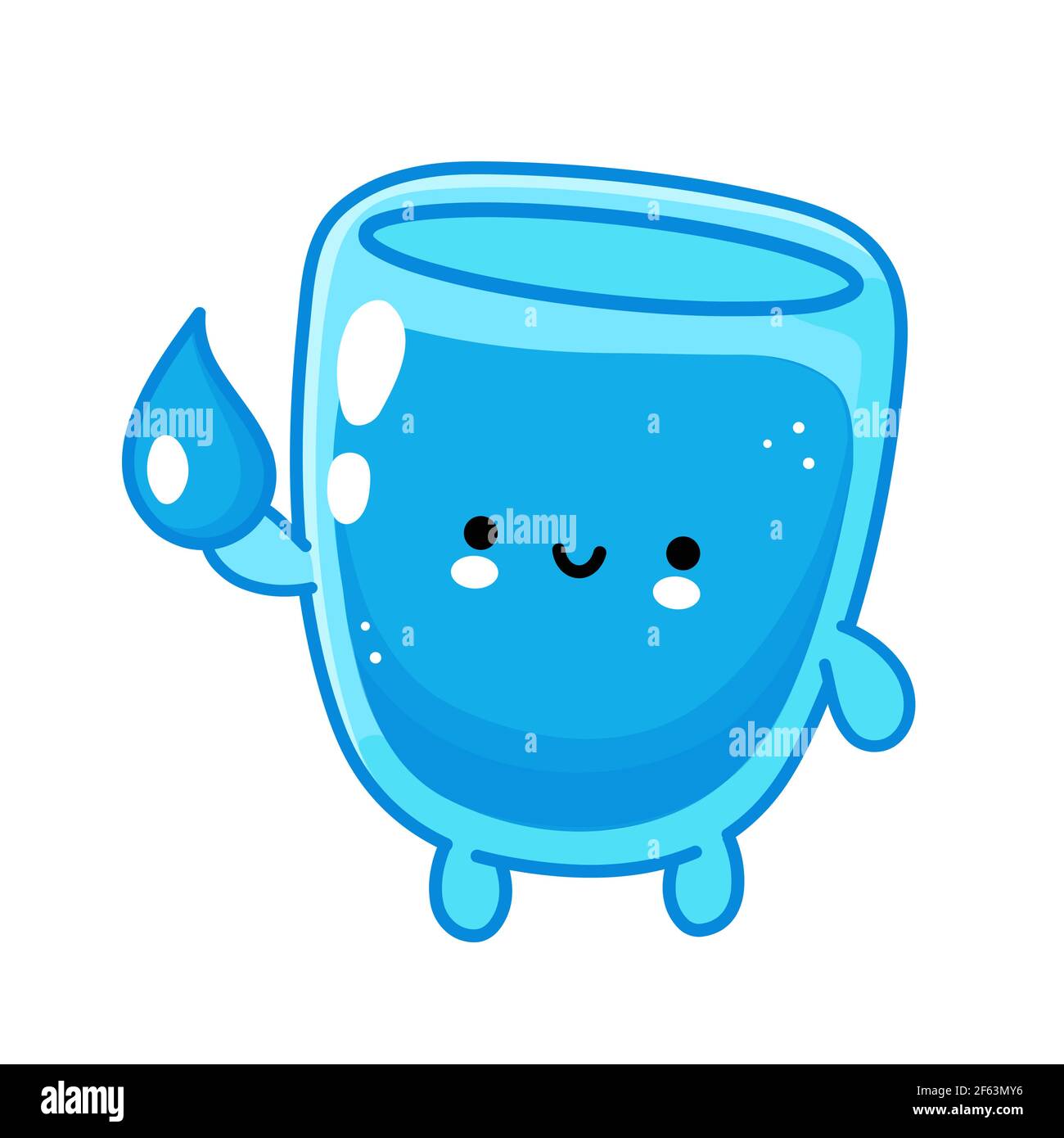 Lindo y divertido personaje de cristal de agua feliz mantener caída de agua.  Vector línea plana dibujos animados kawaii personaje ilustración icono.  Aislado sobre fondo blanco. Concepto de carácter de vidrio de