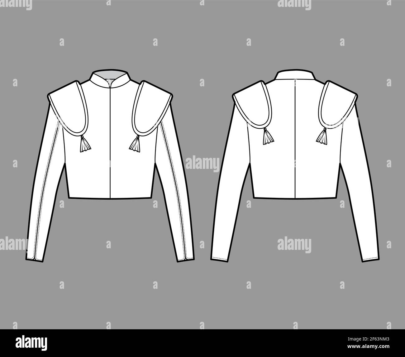 Chaqueta torero matador ilustración técnica de moda con mangas largas,  cuello de pie, longitud de cintura, embellecer. Plano chaqueta plantilla  frontal, posterior, estilo de color blanco. Mujeres, hombres, unisex top  CAD mascup