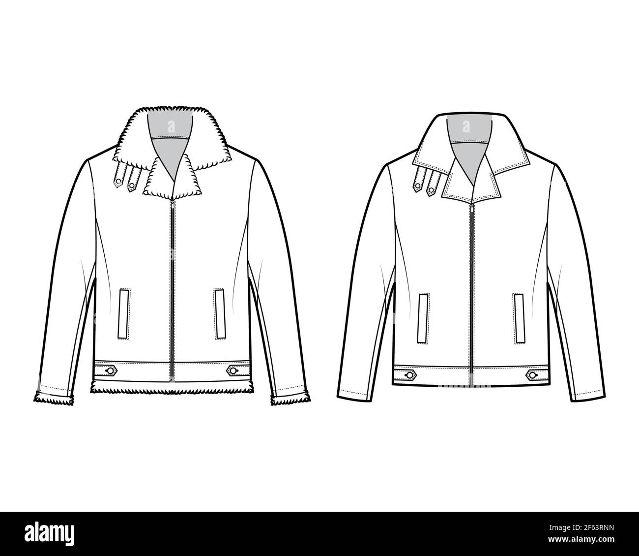 Juego de cremallera Bombers chaqueta de cuero ilustración técnica de moda  con pestañas, cuello grueso, de gran tamaño, mangas largas, bolsillos con  ribete. Plantilla de abrigo plano frontal color blanco. Mujeres hombres