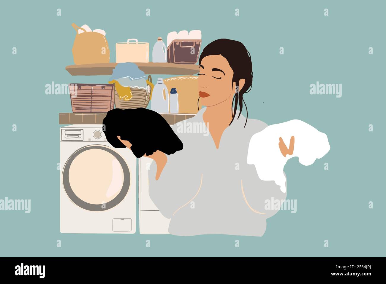 Una mujer que piensa cómo lavar ropa blanca y negra en el fondo de la colada. Ama de casa haciendo rutina. Estilo plano. Ilustración Imagen Vector de stock - Alamy