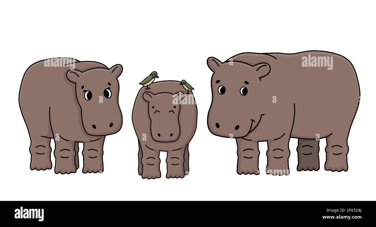 Juego de dibujos animados de contorno vectorial marrón de tres hipopótamos  de pie en el suelo. Dos pájaros Oxpecker están en la parte posterior del  hipopótamo. Familia aislada de fideos Imagen Vector