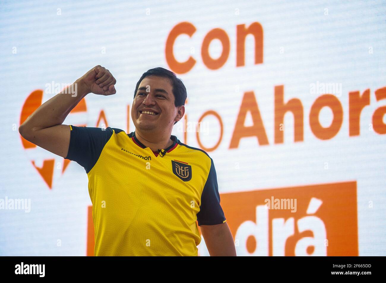 Quito Ecuador 29th De Marzo De 2021 El Candidato A La Presidencia De Ecuador Andres Arauz Vio Durante Una Campana Politica El Candidato A La Presidencia De Ecuador Andres Arauz Celebro Un Evento
