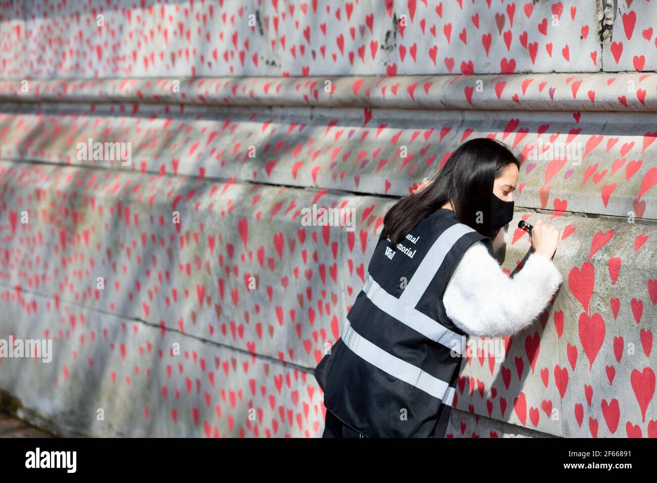 Londres, Reino Unido. 30th de marzo de 2021. Los corazones se arrastran hacia el Muro Conmemorativo de Covid en la Ribera del Sur, frente a las Casas del Parlamento. Los voluntarios están sacando un corazón por cada una de las 145.000 personas que han muerto hasta ahora a causa del Coronavirus en el Reino Unido. Crédito: Mark Thomas/Alamy Live News Foto de stock