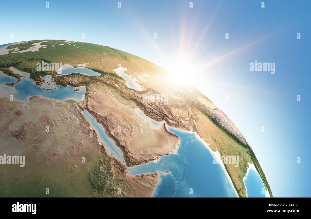 Sol brillando sobre una vista detallada del Planeta Tierra, enfocada en Oriente Medio y Península Arábiga - elementos proporcionados por la NASA Foto de stock