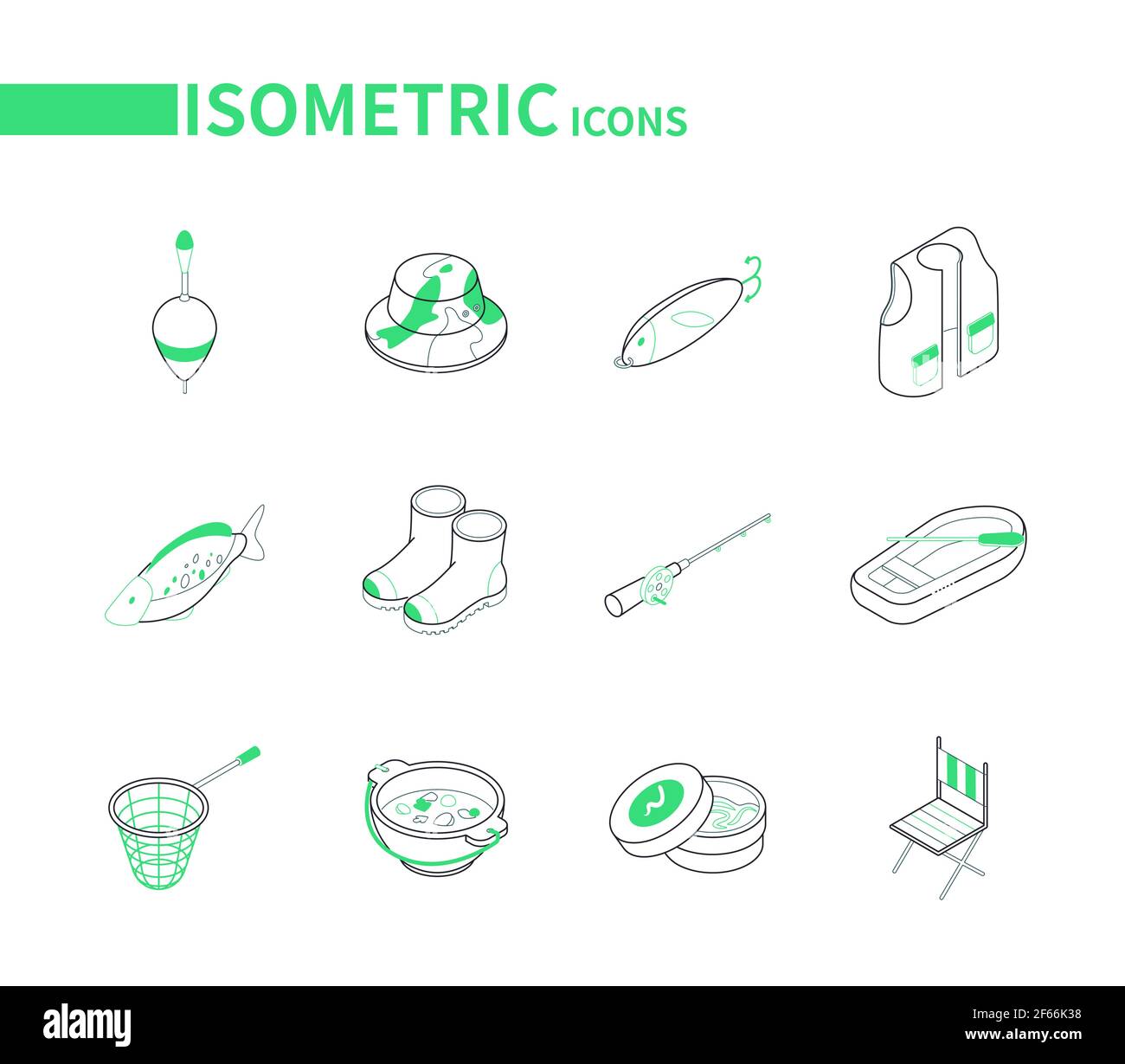 Equipo de pesca - línea moderna conjunto de iconos isométricos. Hobby, recreación y actividades de verano. Peces, botas de goma, chaleco, caña, bote y charco, s Ilustración del Vector