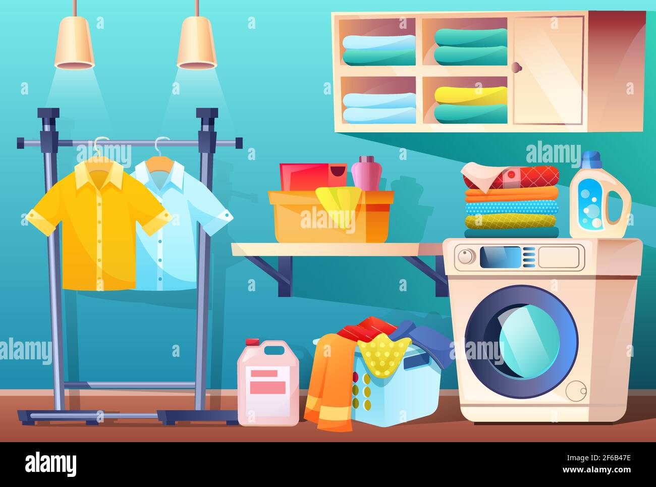 Lavadora y lavandería con estantes. Representación 3D. 8028378 Foto de  stock en Vecteezy