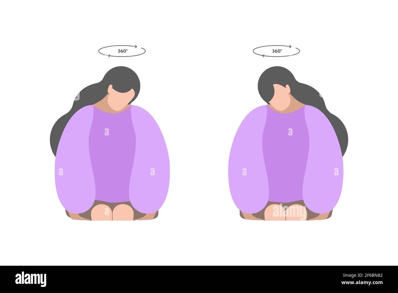 Ilustración plana aislada vectorial. Ejercicios de cuello de niña con rotación de la cabeza en diferentes direcciones. Concepto creativo. Colores púrpura. Ilustración del Vector