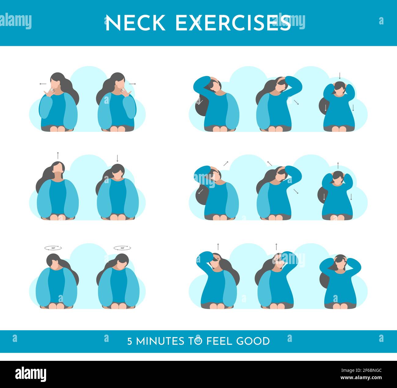 Vector ilustración plana con ejercicios para el cuello, la cabeza, los  hombros si su dolor. Actividad de estiramiento y auto masaje de niña.  Colores azules. Plantilla de Imagen Vector de stock -