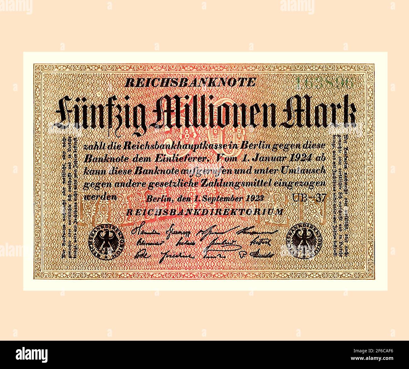 German Banknotte emitido el 1 de septiembre de 1923 Deutsches Geld Foto de stock