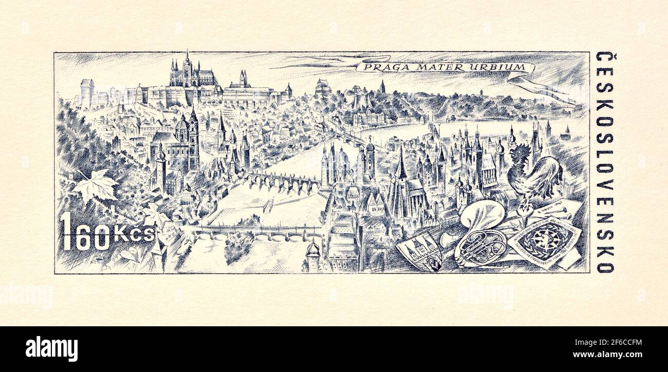 Impresión de prueba para un sello postal checoslovaco de 1967 - grabado De la ciudad de Praga Foto de stock