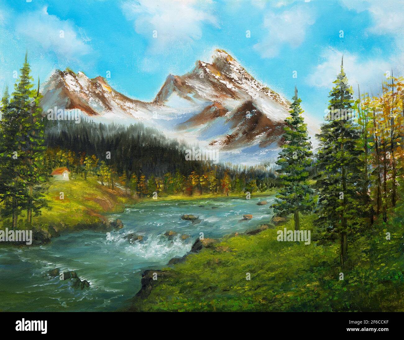 Pintura al óleo original del paisaje primaveral, bosque, montañas nevadas y río sobre lienzo.moderno impresionismo, modernismo,marinismo Foto de stock