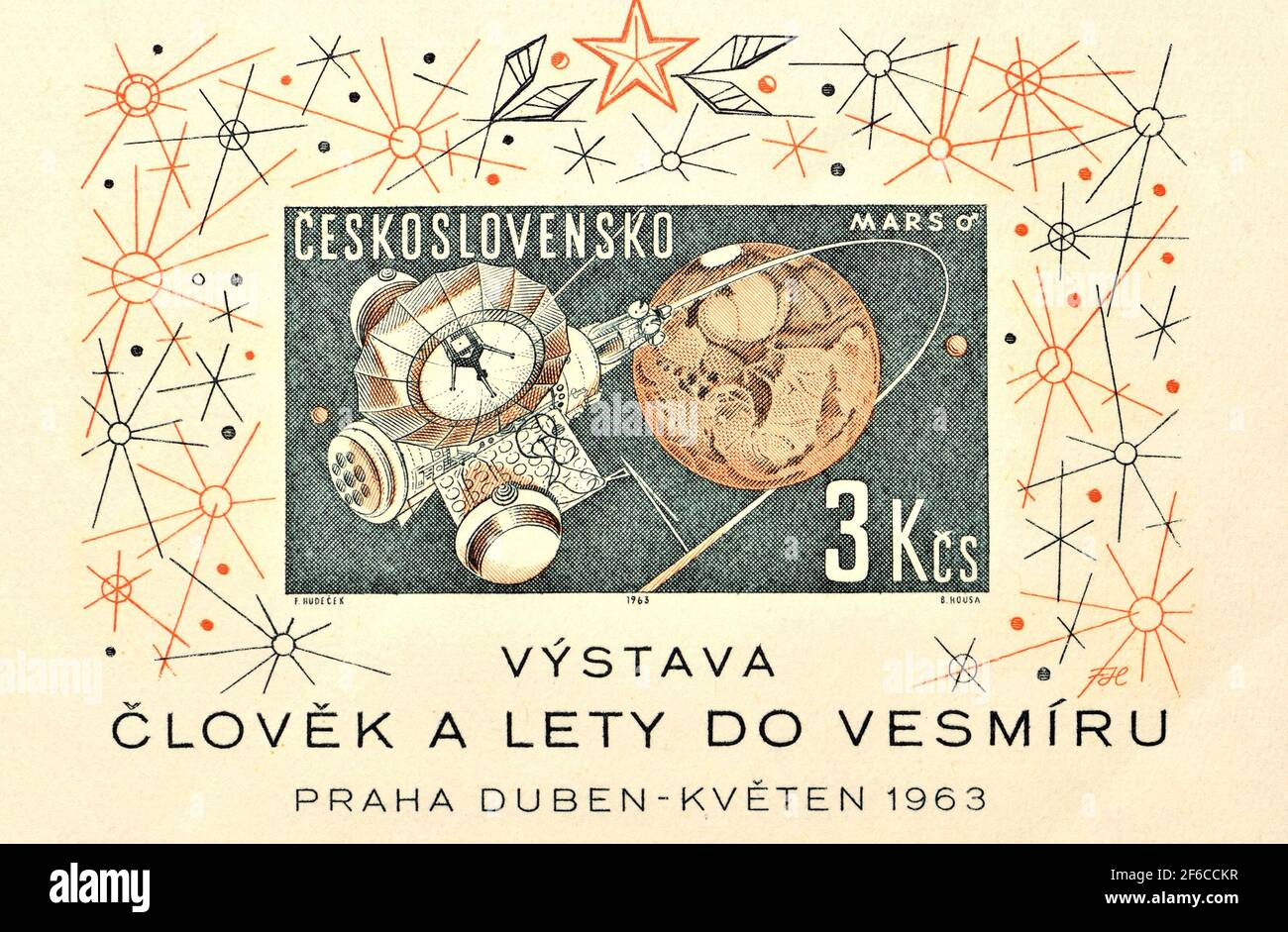 Sello postal checoslovaco - mini-hoja (1963): Exposición de exploración espacial, Praga Foto de stock
