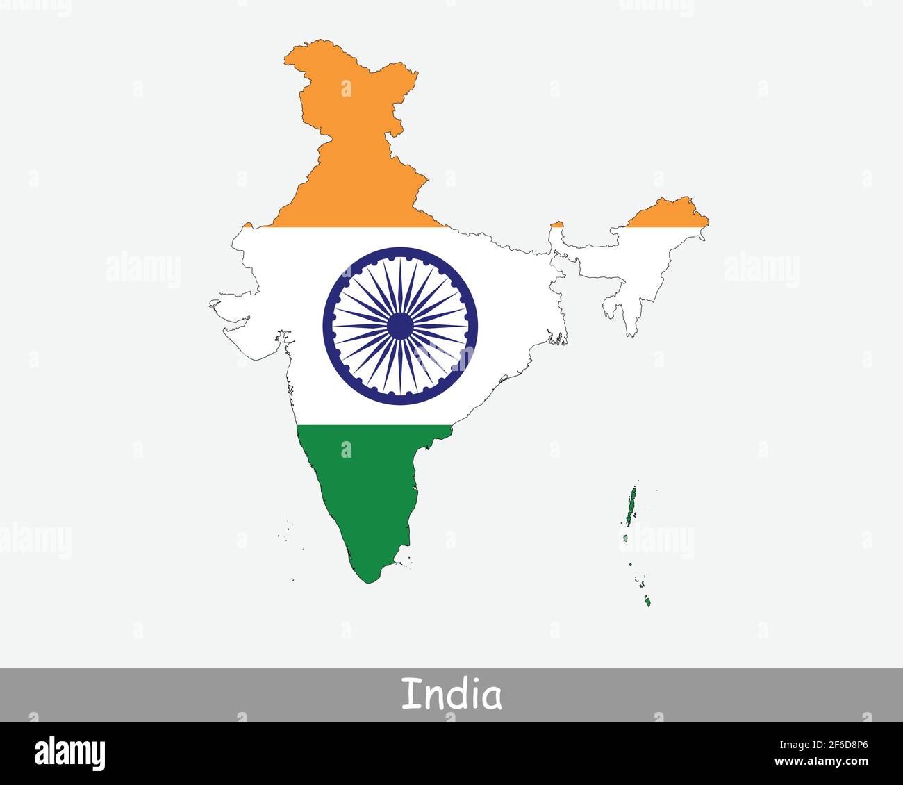 Bandera del mapa de la India. Mapa de la República de la India con la bandera nacional de la India aislada sobre fondo blanco. Ilustración vectorial. Ilustración del Vector