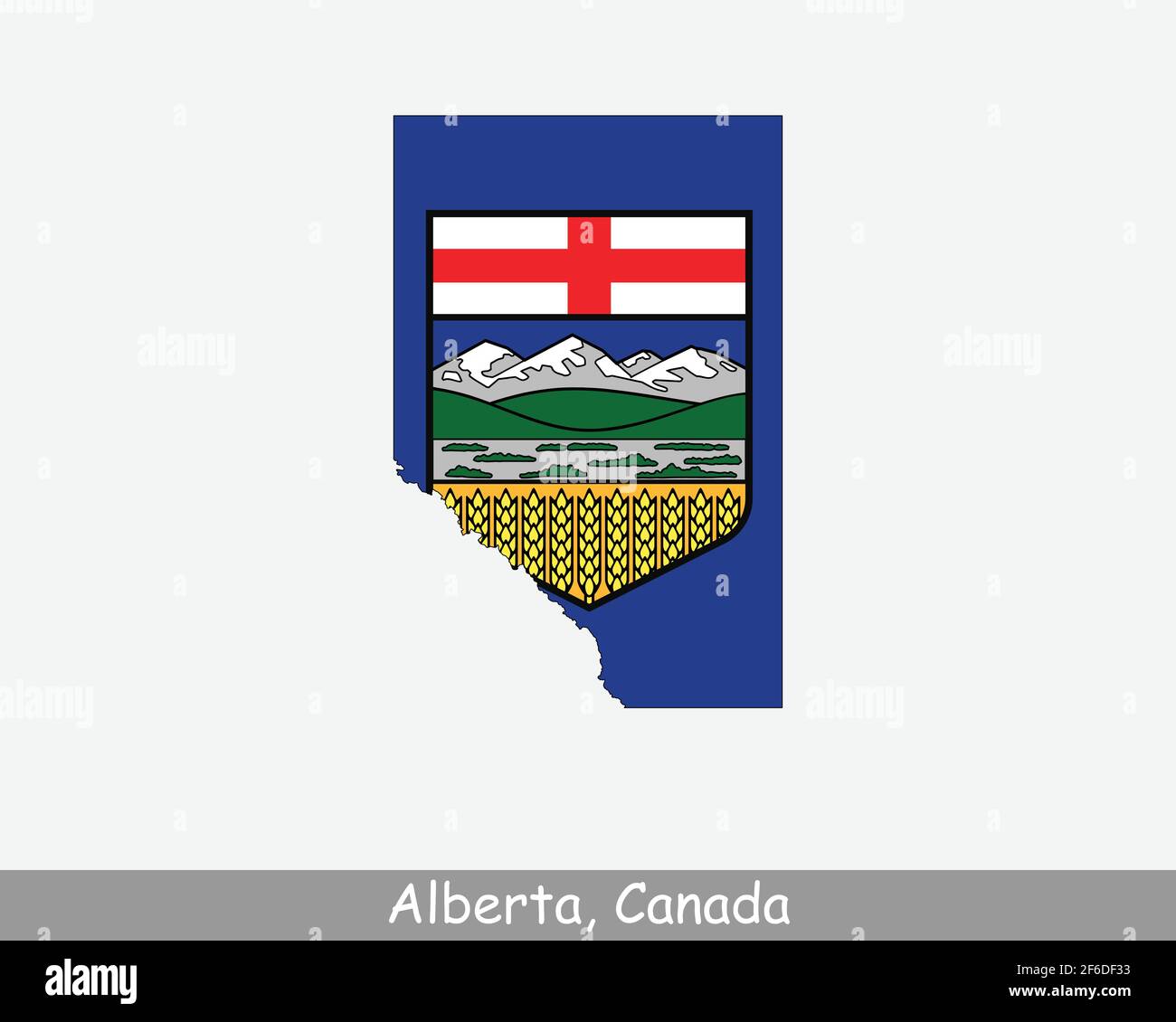 Bandera del mapa de Alberta. Mapa de Alberta, Canadá con la bandera del territorio de Alberta aislada sobre fondo blanco. Provincia canadiense, AB. Ilustración vectorial. Ilustración del Vector