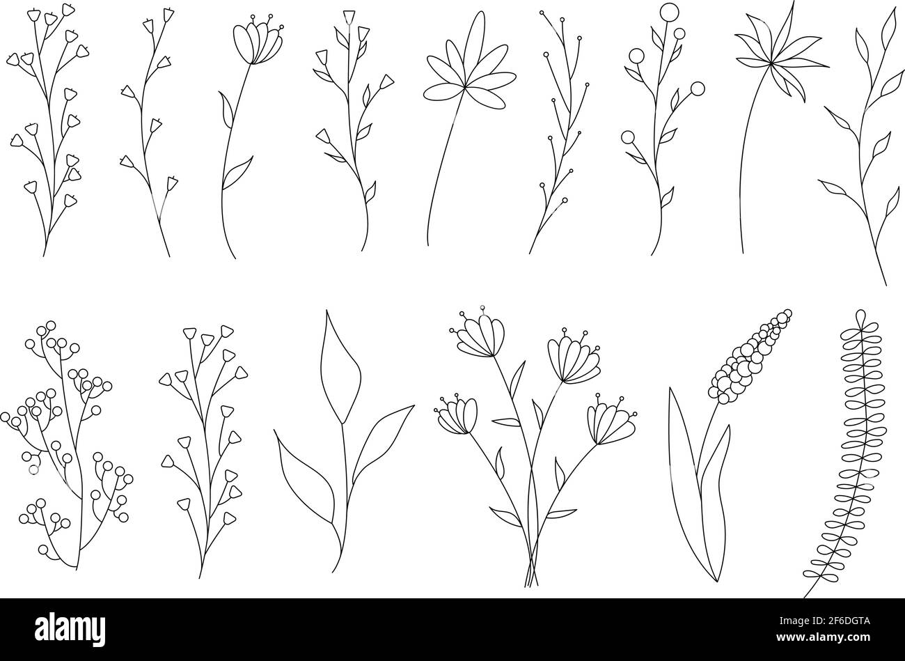Colección de elementos florales simples minimalistas. Croquis gráfico.  Diseño de tatuaje de moda. Flores, hierba y hojas. Elementos naturales  botánicos Imagen Vector de stock - Alamy