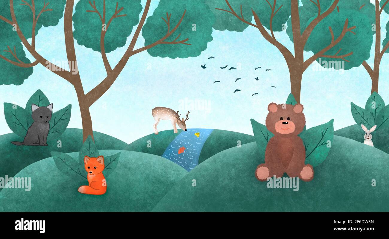 Ilustración del papel pintado de los niños con animales del bosque: Oso, ciervo, zorro, lobo, liebre. Acuarela grunge bosque de hadas. Foto de stock