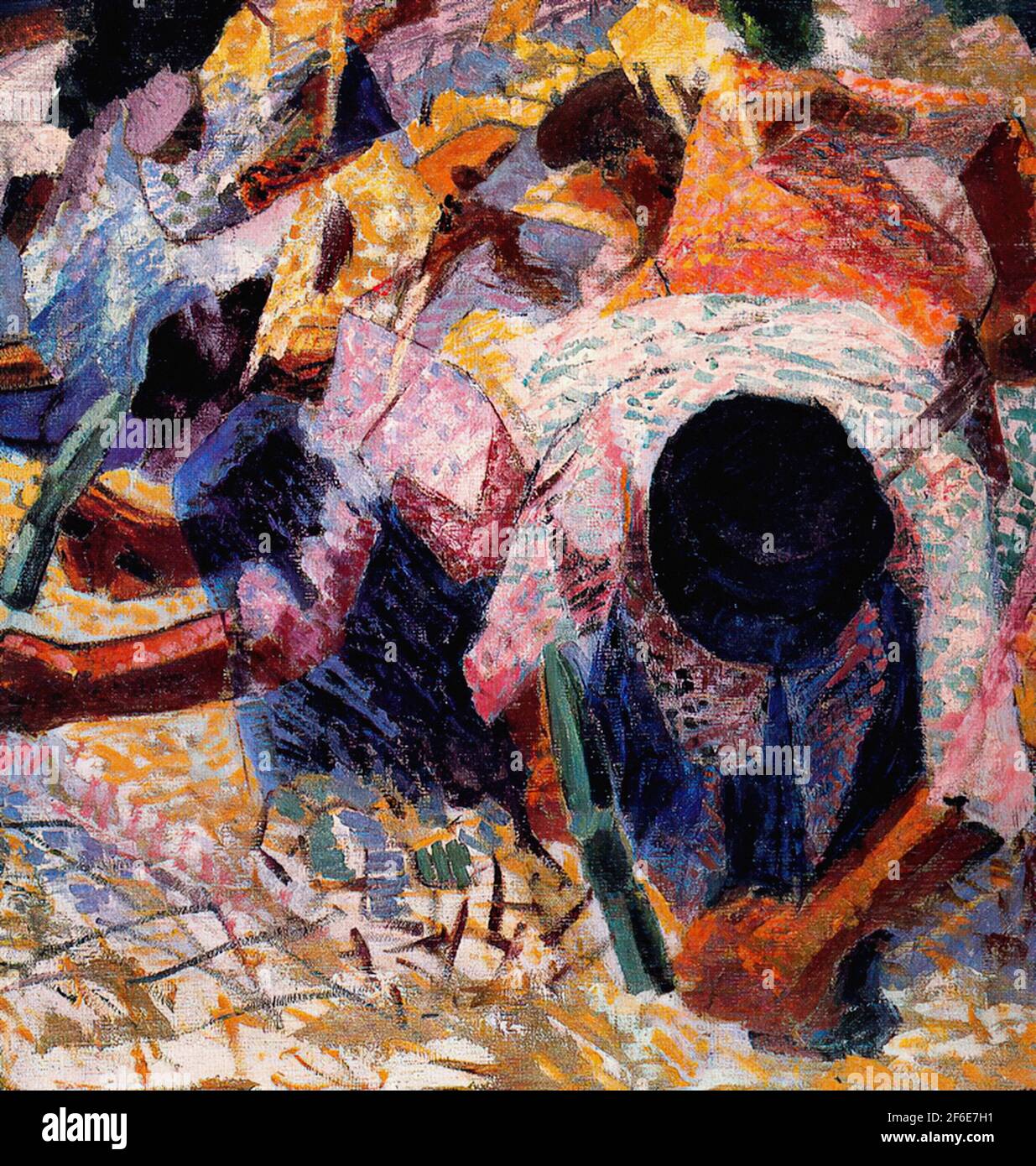 La calle de adoquines, de Umberto Boccioni, 1914, futurista italiano pintura,  óleo sobre lienzo. Dobladas sobre trabajadores de la calle golpeando las  piedras con picos están pintados en una síntesis de pointillism (