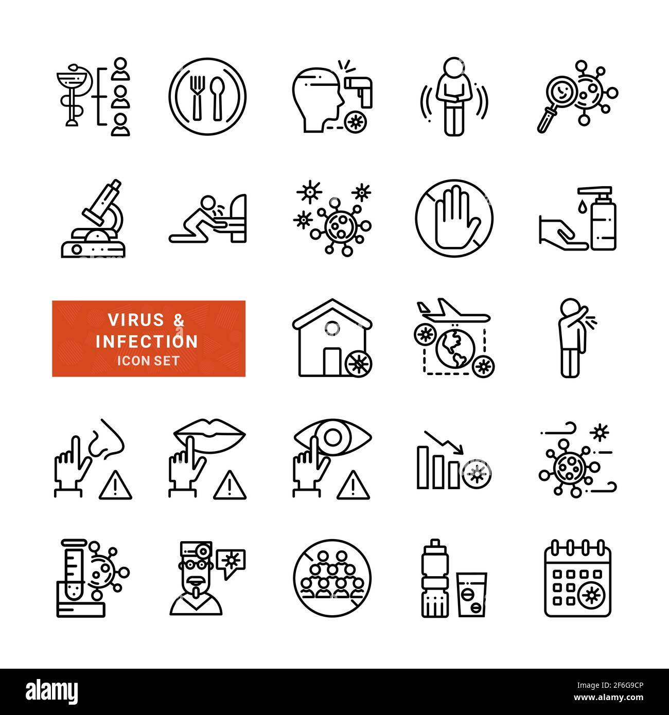 Conjunto simple de iconos de línea vectorial de protección antivirus. Incluya iconos como el período de incubación, la infección, los síntomas y más. Ilustración del Vector