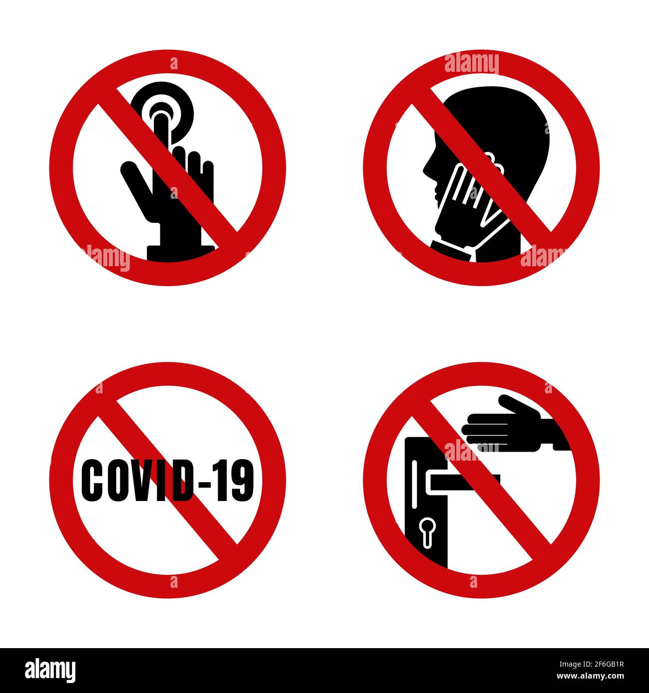 Coronavirus, 2019-nCoV. Señal roja de prohibición de parada. Icono prohibido sin coronavirus. No toque la cara, el tirador de la puerta, la campana de la puerta. Vector peligroso symb Ilustración del Vector