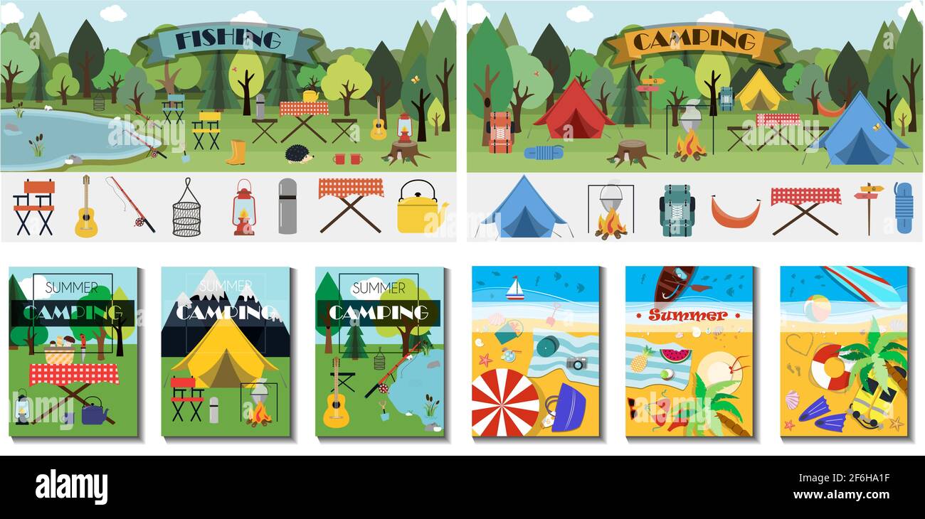 Gran camping. Equipo para senderismo, montañismo y acampada: Un conjunto de iconos e infografías. Casa de árbol, tienda de campaña, utensilios de camping, mochila y. Ilustración del Vector